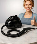 Heavy Duty Steam Cleaner Kit Packing One Thousand Fifty Watts Of Scalding Vapor For Forty Five Minutes Of No Sweat Scrubbing shown on marble table.