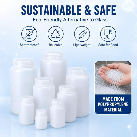 2 Oz Wide Mouth Lab Reagent Bottle Set Translucent HDPE Leak Proof Seal And Cap Durable Plastic Sample Bottle For Pills And Water Secure Storage For Lab Or Home Use 5 Pack, white bottles
