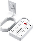 15 Ft Flat Plug Power Strip With 8 Widely Spaced Outlets And 6 USB Ports Including 1 USB C Surge Protector Wall Mountable Charging Station For Dorm Home Or Office White, coiled cord connected to wall socket