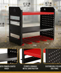 Power Tool Organizer Wall Mount 3 Tier Heavy Duty Steel Rack With 4 Cordless Drill Slots Pegboard And Utility Side Red