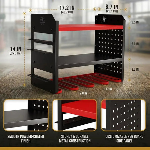 Power Tool Organizer Wall Mount 3 Tier Heavy Duty Steel Rack With 4 Cordless Drill Slots Pegboard And Utility Side Red