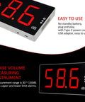 Digital Sound Level Meter With Large LCD Display, Dead Easy To Use Decibel Meter For 30 To 130 dB Range, Upper And Lower Alarm, Adjustable Alarm Time 5 To 120 Seconds, Ideal For Home, Office, Studio, Or Construction Noise Checks. black LCD decibel meter with USB-C and alarm icons