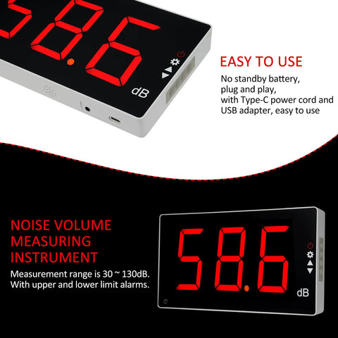 Digital Sound Level Meter With Large LCD Display, Dead Easy To Use Decibel Meter For 30 To 130 dB Range, Upper And Lower Alarm, Adjustable Alarm Time 5 To 120 Seconds, Ideal For Home, Office, Studio, Or Construction Noise Checks. black LCD decibel meter with USB-C and alarm icons