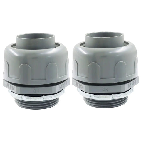 Heavy Duty 2 Pack 1-1/4 Inch NPT Liquid Tight Connectors Featuring Durable PVC Construction Built Tough For Wet Environments Corrosion Resistant Strain Relief Fittings