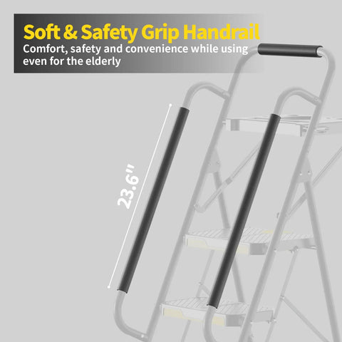 Sturdy 5 Step Steel Ladder With Anti Slip Wide Pedals Handrail And Safe Lock Design 800 Lb Capacity Soft Grip Handrail