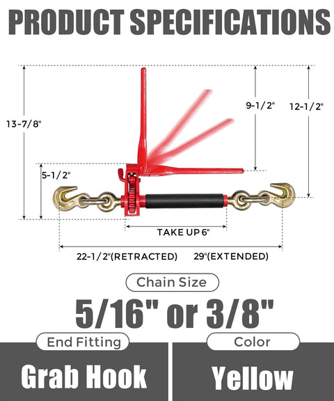4 Pack Five Sixteenths To Three Eighths Inch Heavy Duty Folding Handle Ratchet Chain Binders With Grab Hooks Size Diagram