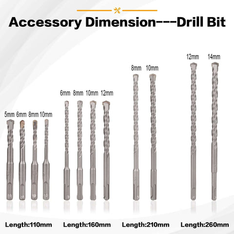 Gickbusus 17-pc SDS drill bit set with carbide tips; diameters 5-14 mm, lengths 110-260 mm, front view