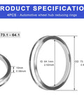 Premium Hub Centric Rings 4 Pcs For Car Wheels 64 To 73 Mm showing specifications with 64.1mm inner diameter and 73.1mm outer diameter.