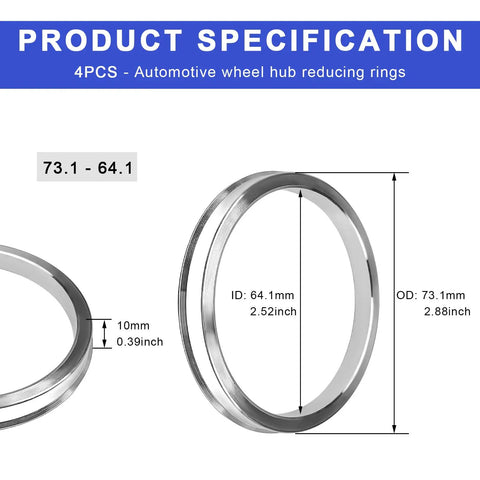 Premium Hub Centric Rings 4 Pcs For Car Wheels 64 To 73 Mm showing specifications with 64.1mm inner diameter and 73.1mm outer diameter.