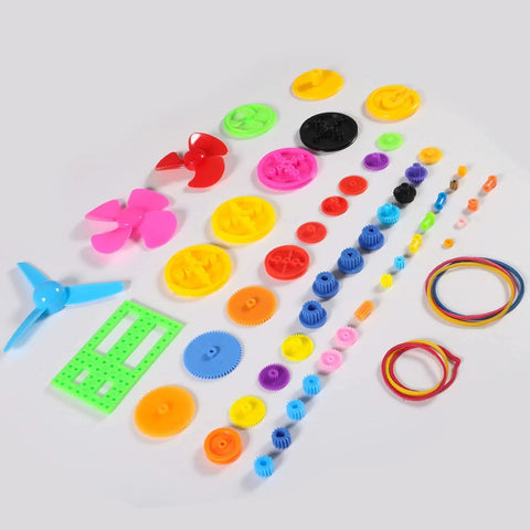 Hands On STEM Motor Kit With Plastic Gears And Mini DC Motors 1.5 to 3V 9000 to 25000 RPM No Load Battery Holder Case 9V Clip And Rocker Switch Wires Shaft Propeller For Hands On Science Projects parts layout