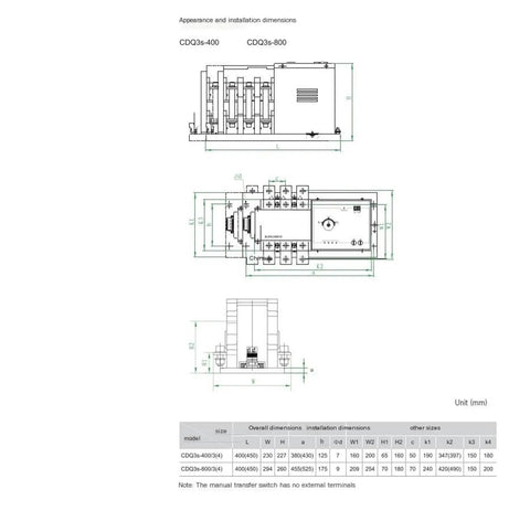 Dual Power Source Automatic Transfer Switch For 100 To 800 Amp Systems Type B CDQ3S 8004P Compatibility technical dimension drawing