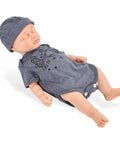 Legit Carefully Sculpted Full Silicone Reborn Boy Doll, Super Soft Sleepy Infant Figure With Flexible Joints in a blue outfit.