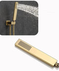 Built Different Wall Mounted Concealed Thermostatic Shower System With Buttery Smooth Brushed Gold Rainfall Spray And Seamless Dual Control Brass Hand Set For Low Maintenance Bath Refresh - Brass handheld diverter and rainfall spray.