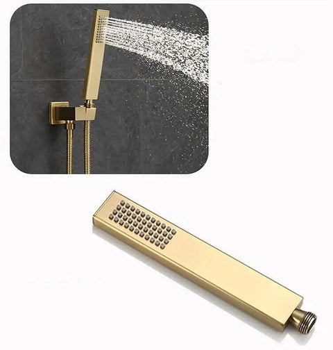 Built Different Wall Mounted Concealed Thermostatic Shower System With Buttery Smooth Brushed Gold Rainfall Spray And Seamless Dual Control Brass Hand Set For Low Maintenance Bath Refresh - Brass handheld diverter and rainfall spray.