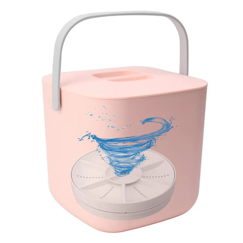 Pink Compact Countertop Dishwasher With 360 Degree Rotating Spray And Fifteen Minute Automatic Shutoff, shown from side with handle.