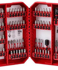 Front view of Milwaukee 74-piece Shockwave impact driver bit set in red carrying case