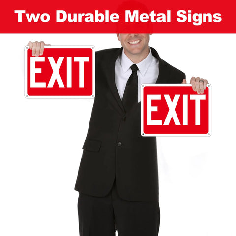 Two Pack Aluminum Red Exit Signs for Doors and Walls, High Visibility Reflective Safety Signs, Easy to Install, 8 x 6 Inches