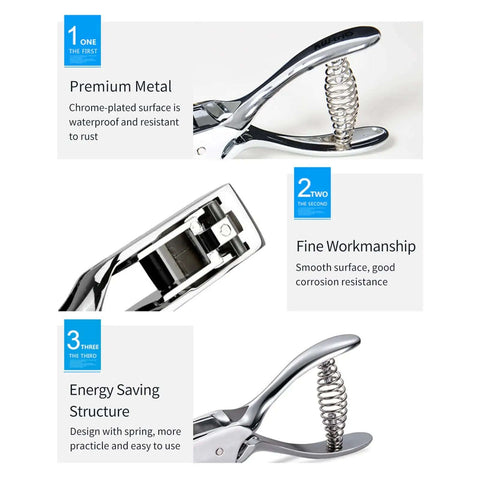 Go-To All Metal Single Hole Puncher with Lever showing chrome-plated surface and energy-saving spring design, punches up to eight A4 sheets.