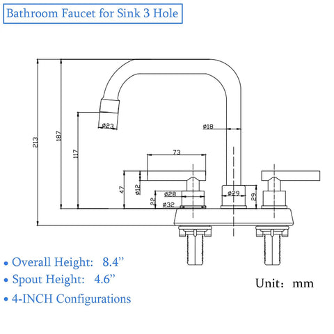 Technical drawing of Two Handle Brushed Gold And Black Bathroom Faucet With Pop Up Drain 4 Inch Centerset 3 Hole Sink Faucet 360 Swivel Spout Includes Two Water Supply Lines Solid Brass Construction Durable Dope Finish And Easy Install For Daily Use with dimensions in millimeters
