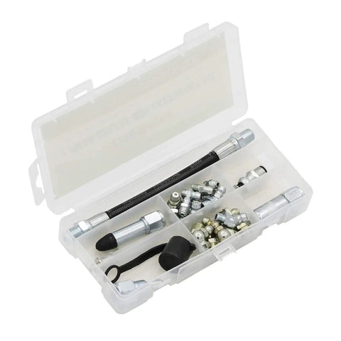 27 Piece Grease Gun Accessory Kit With Adapters And Couplers For Standard And Specialty Fittings in a clear plastic case