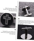 Close-up of polished cross cufflinks with black finish, titanium steel, featuring a classic religious design for men's formal wear.