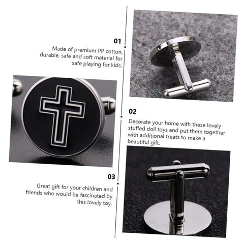 Close-up of polished cross cufflinks with black finish, titanium steel, featuring a classic religious design for men's formal wear.