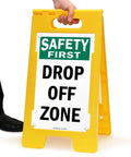 Drop Off Zone Floor Sign 25 By 12 Inches Two Sided Folding A Frame Tough As Nails Durable Polypropylene Plastic Double Sided Visibility Easy Carry Handle Digitally Printed Made In USA yellow a-frame drop off sign with carry handle