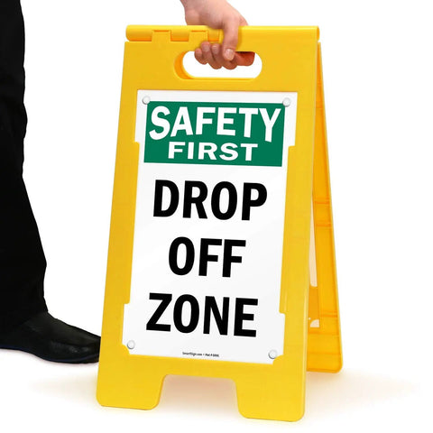 Drop Off Zone Floor Sign 25 By 12 Inches Two Sided Folding A Frame Tough As Nails Durable Polypropylene Plastic Double Sided Visibility Easy Carry Handle Digitally Printed Made In USA yellow a-frame drop off sign with carry handle
