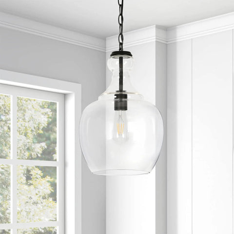 11 Inch Mid Century Modern Pendant Light With Clear Glass Dome Shade And 6 Foot Adjustable Cord For Kitchen Islands, Dining Rooms Or Game Rooms In Blackened Bronze Super Sleek hanging in corner of room.