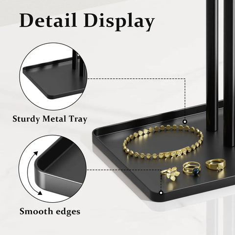 Close-up of Black Jewelry Stand Organizer 14.5 Inch Tiered Display Tower base with sturdy metal tray and smooth edges