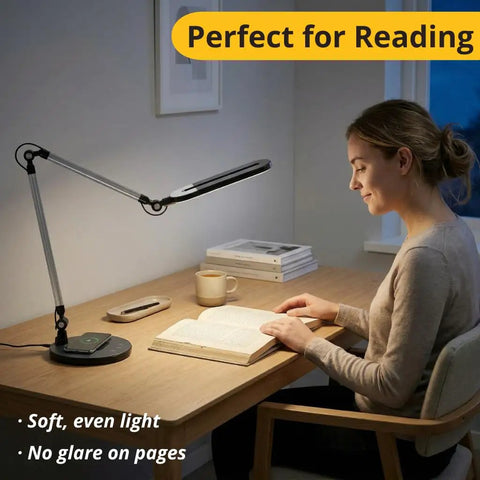 LED Architect Desk Lamp With Wireless Charger And Adjustable Swing Arm For Your Home Office, 32 Inch Tall, woman reading