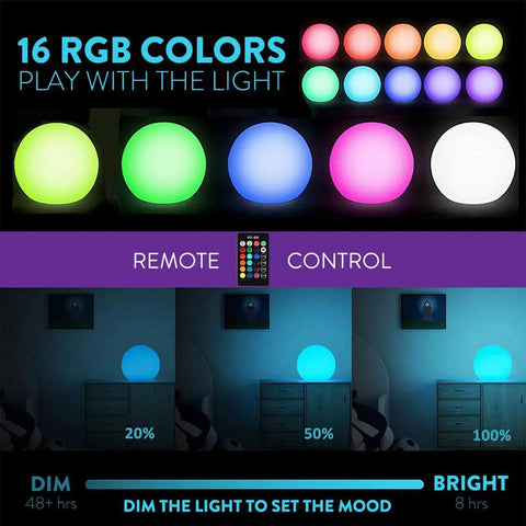 16 RGB colors of 14 Inch LED Ball Light Cordless Rechargeable Globe Lamp With Remote 16 RGB Color Changing Dimmable Mood Light