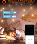 Girl sleeping under 96ft Smart Outdoor String Lights With Remote And App Control Dimmable Patio Lit Vibe Lights display on phone