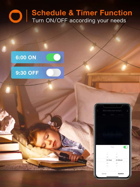 Girl sleeping under 96ft Smart Outdoor String Lights With Remote And App Control Dimmable Patio Lit Vibe Lights display on phone