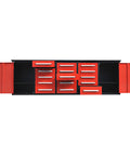 Heavy Duty 10 Ft Workbench With 15 Locking Drawers Stainless Steel Top showing open drawers and storage compartments in classic red.