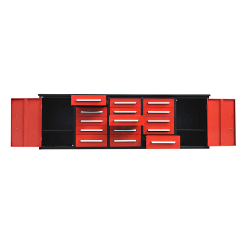 Heavy Duty 10 Ft Workbench With 15 Locking Drawers Stainless Steel Top showing open drawers and storage compartments in classic red.