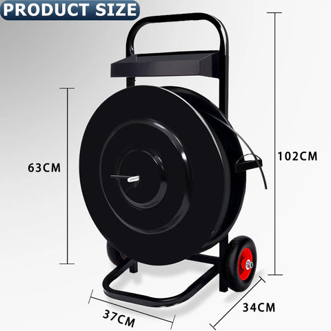 Beast Heavy Duty Strapping Cart With Built In Tray And Dispenser, black cart size dimensions 102cm by 63cm by 37cm.