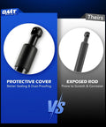 Comparison of heavy duty tailgate assist with protective cover and exposed rod showing benefits for Ram 1500 2002-2008 and Ram 2500 3500 2003-2009
