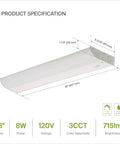 Under Cabinet LED Lighting Kit 18 Inch 8W 715 Lumens Dimmable Hardwired 4 Pack With 3000K Soft White 4000K Cool White 5000K Daylight ETL Listed White Finish For Kitchen And Countertop with product specifications, including size, wattage, voltage, and brightness.