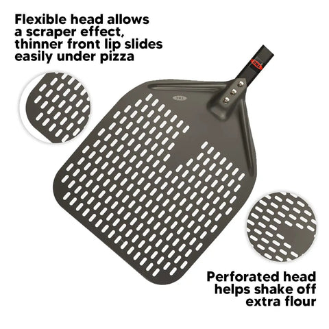 Perforated 12 Inch Pizza Peel, Metal Pizza Turner for All Ovens, lightweight anodized aluminum, black kitchen tool.