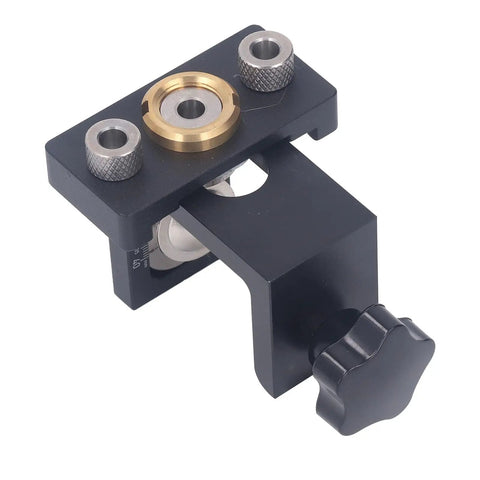 Hella Sturdy Aluminum Dowel Jig and Pocket Hole Drill Guide Kit for Rapid Woodworking, close-up showing clamps and alignment features.