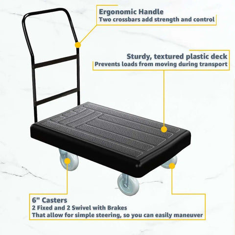36 By 24 Inch Platform Truck Heavy Duty Plastic Utility Cart With Ergonomic Handle And 250 Lb Weight Rating Six Inch Swivel Casters With Wheel Brakes Built Like A Tank For Smooth Warehouse And Office Transport Jobs