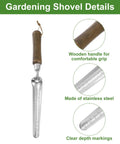 Compact Stainless Steel Garden Hand Shovel Seed Trowel with Wooden Handle showing clear depth markings, lightweight and rustproof design.