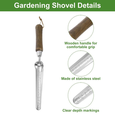 Compact Stainless Steel Garden Hand Shovel Seed Trowel with Wooden Handle showing clear depth markings, lightweight and rustproof design.