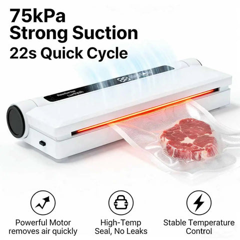 Powerful 75KPa Vacuum Sealer Machine With Dry And Wet Modes, Fast Seal, sealing steak with LED indicator, compact design