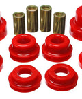 Heavy Duty Reinforced Subframe Bushings to Eliminate Flex and Lock Down Your Chassis for Punchy Kart Responsiveness, red synthetic material.