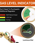 Upgraded Propane Refill Adapter With Valve And Gauge, Solid Brass QCC1 Refill Elbow, color-coded gauge for gas levels.