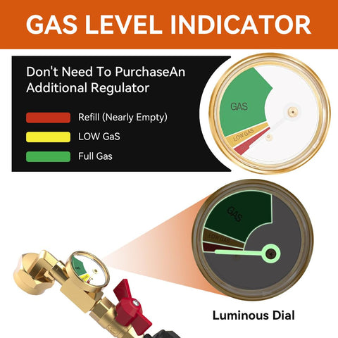 Upgraded Propane Refill Adapter With Valve And Gauge, Solid Brass QCC1 Refill Elbow, color-coded gauge for gas levels.
