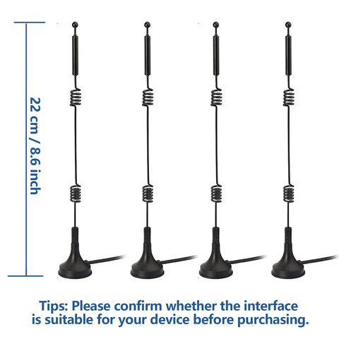 Dual Band WiFi Antennas For Faster Rock Solid Signals 2.4GHz And Five GHz With 9 Dbi Magnetic Base Mimo RP SMA Male Connectors Four Pack for routers wireless cards USB adapters and IP cameras, displayed upright.