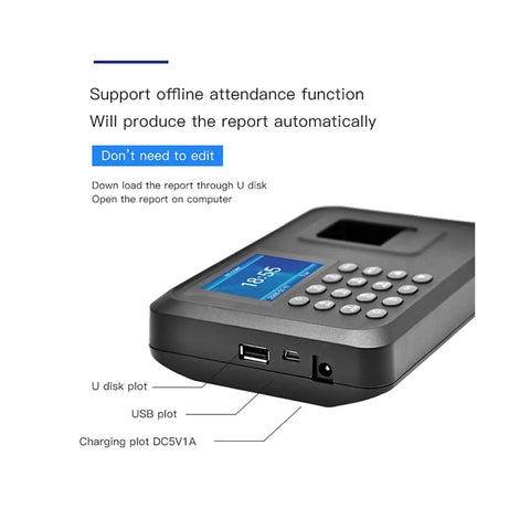 Close-up of Top Notch Biometric Fingerprint Time Clock For Hassle Free Employee Attendance Logging showing USB and U disk ports.